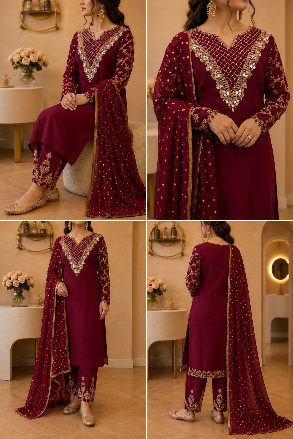 Maroon Silk Punjabi Suit with Mirror & Zari Work — photo 5