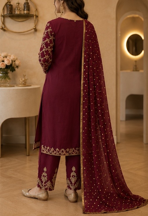 Maroon Silk Punjabi Suit with Mirror & Zari Work — photo 4