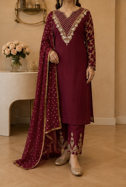 Maroon Silk Punjabi Suit with Mirror & Zari Work — photo 3