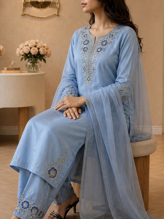 Grace Cotton A-Line Punjabi Suit with Chiffon Dupatta & Handwork Lace Border — photo 1