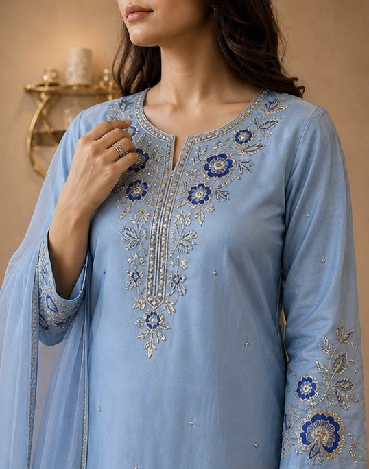 Grace Cotton A-Line Punjabi Suit with Chiffon Dupatta & Handwork Lace Border — photo 3