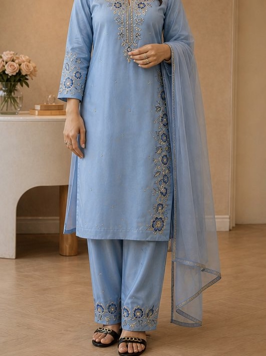 Grace Cotton A-Line Punjabi Suit with Chiffon Dupatta & Handwork Lace Border — photo 4