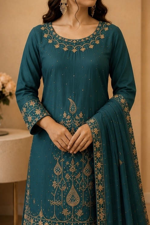 Crepe Silk Punjabi Suit with Chiffon Dupatta — photo 1