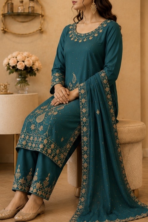 Crepe Silk Punjabi Suit with Chiffon Dupatta — photo 2