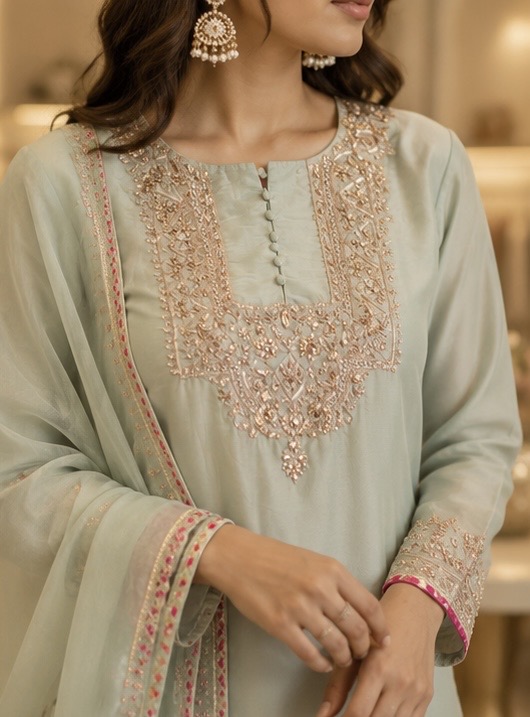 Hand-Embroidered Silk Punjabi Suit with Dupatta — photo 2