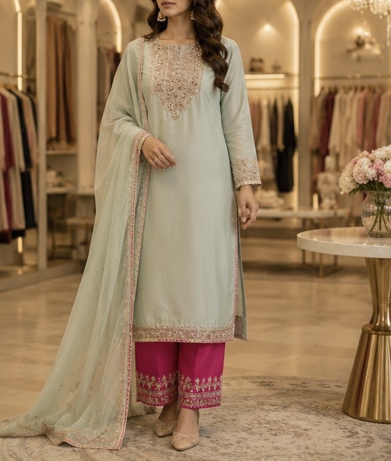 Hand-Embroidered Silk Punjabi Suit with Dupatta — photo 1