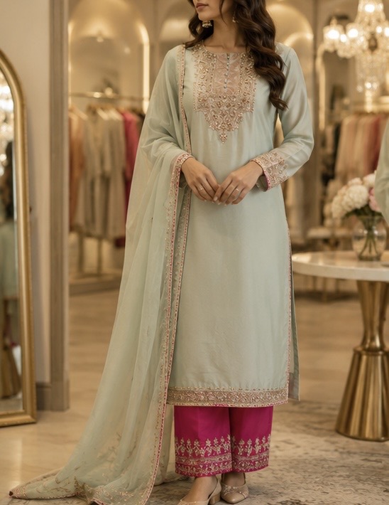 Hand-Embroidered Silk Punjabi Suit with Dupatta — photo 3