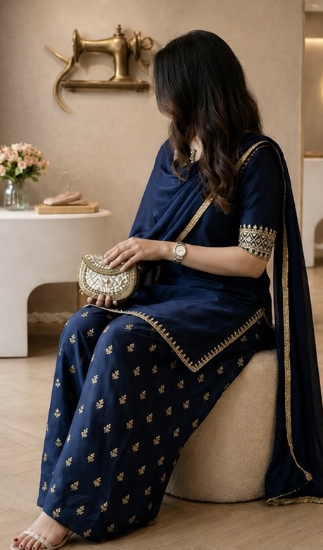 Navy Blue Punjabi Suit with Gold Detailing — photo 1