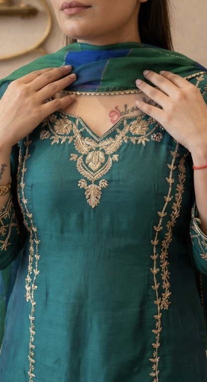 Pastel Teal Chinon Silk Punjabi Suit — photo 2