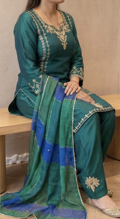 Pastel Teal Chinon Silk Punjabi Suit — photo 1