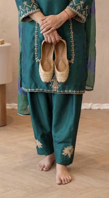 Pastel Teal Chinon Silk Punjabi Suit — photo 3