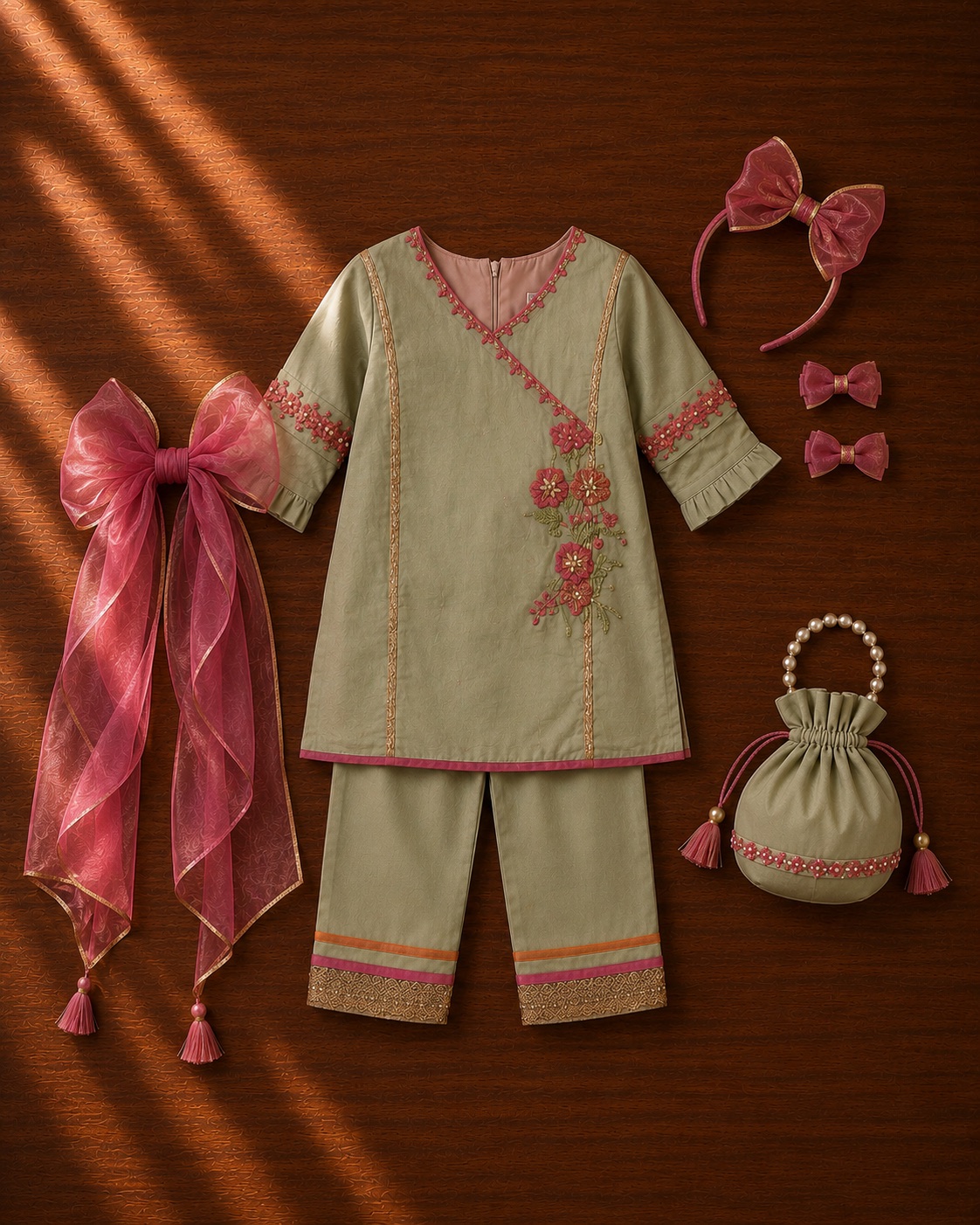 Kids Sage Green Plazo Suit with Dupatta Set — photo 1