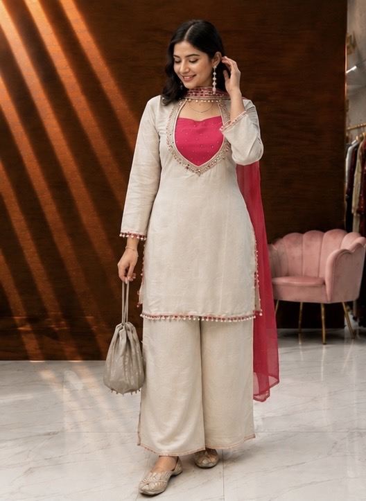Ivory & Hot-Pink Punjabi Suit — photo 4