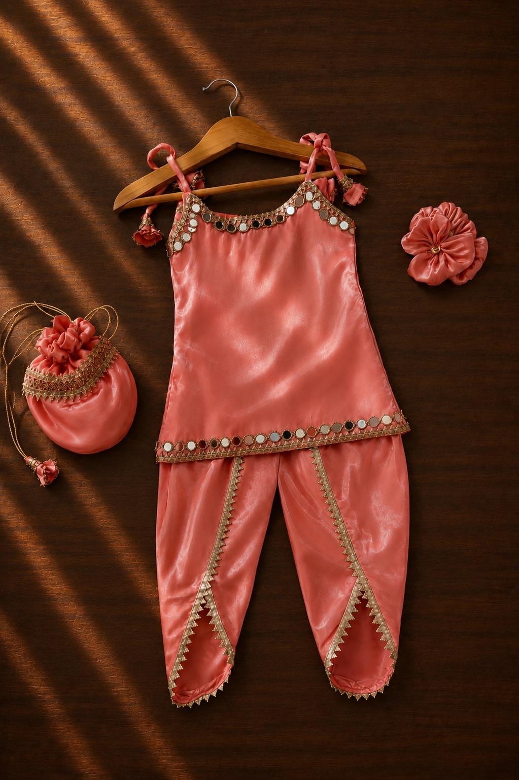Peach Satin Dhoti Salwar Suit with Mirror Work — photo 1