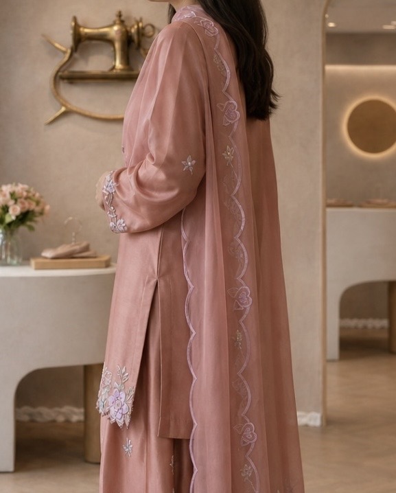 Blush Pink Punjabi Suit Set with Floral Embroidery — photo 5