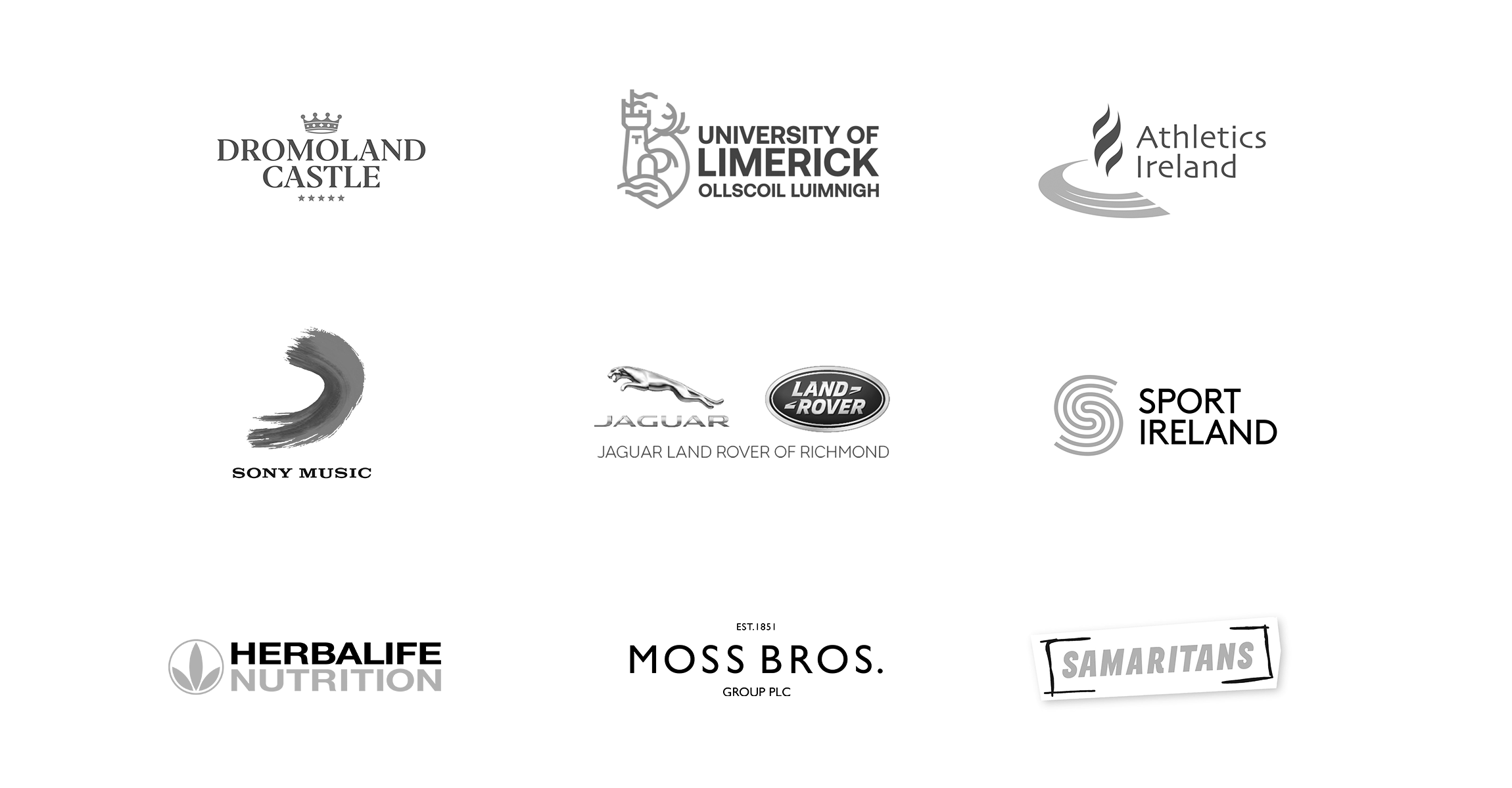 Client logos including Sony, Moss Bros, and more