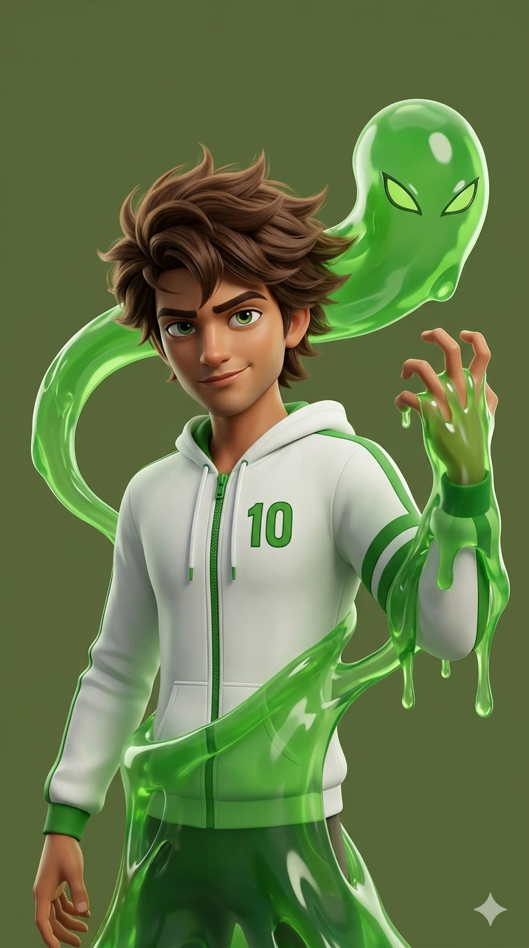 Goop Fusion Hero: Ben 10 Inspired Ultra-Realistic 3D Character Poster – Alien Slime Transformation Scene