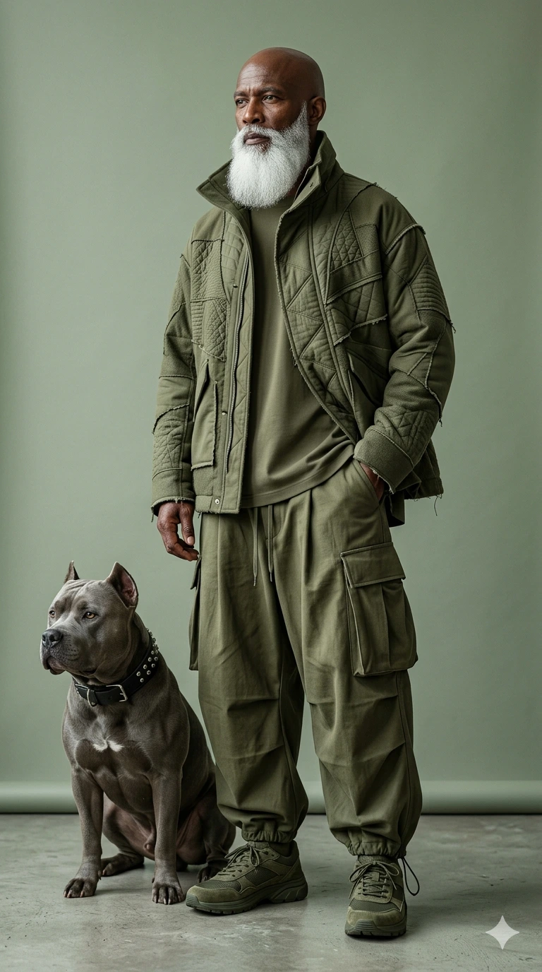 Olive Sovereign: Ultra-Realistic Avant-Garde Luxury Editorial Portrait with American Bully Companion
