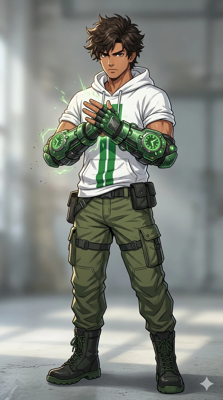 Green Chrono Gauntlet — Tactical Anime Combat Hero