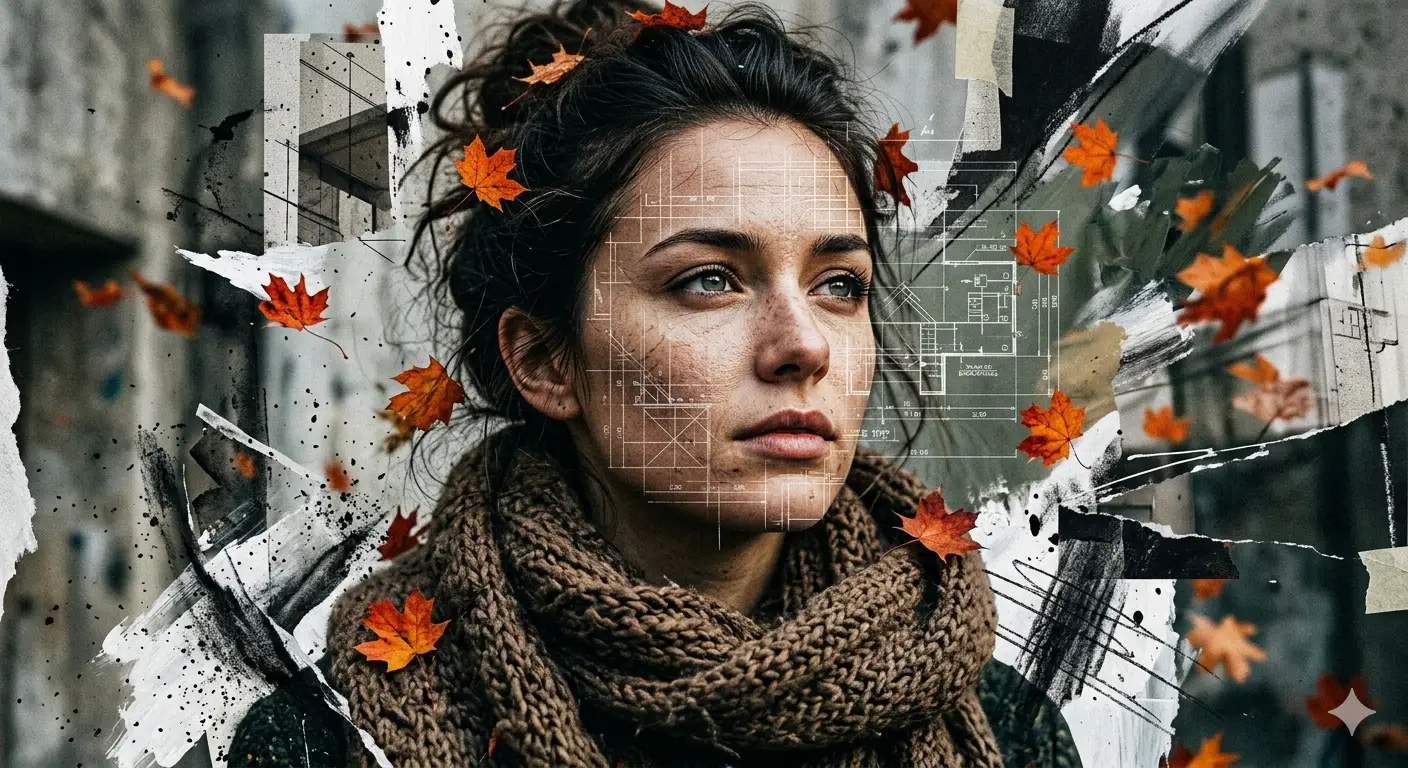 Blueprint Autumn – Cinematic High-Fashion Collage Portrait with Architectural Overlay
