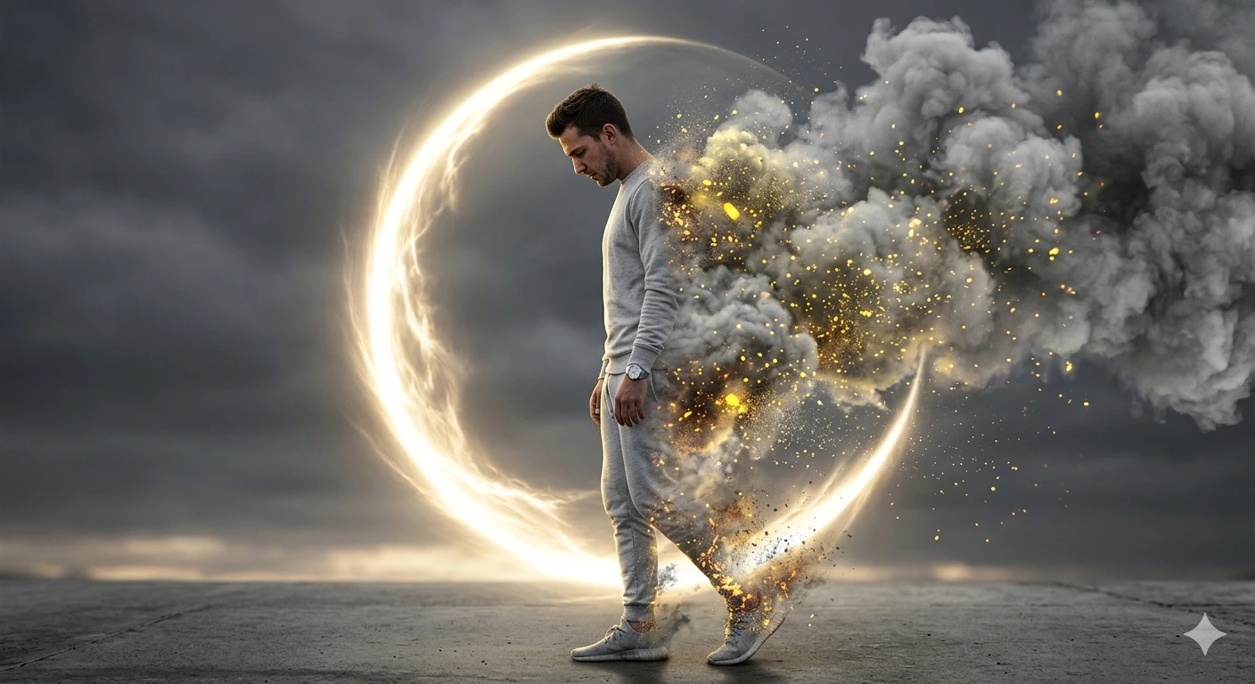 Fading Into Light – Cinematic Disintegration Portrait in Golden Crescent Aura