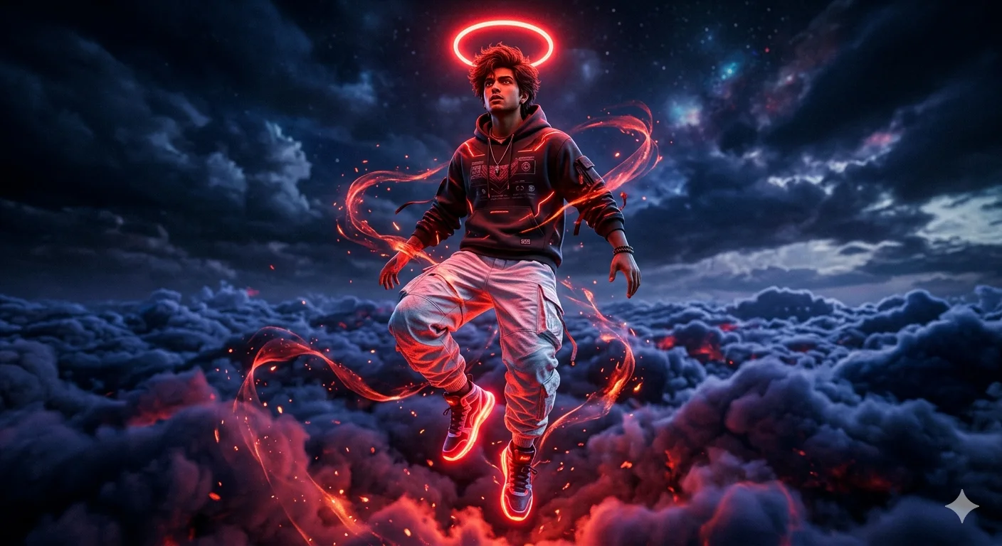 Crimson Ascension – Cinematic Cyberpunk Floating Figure Above Cloudscape
