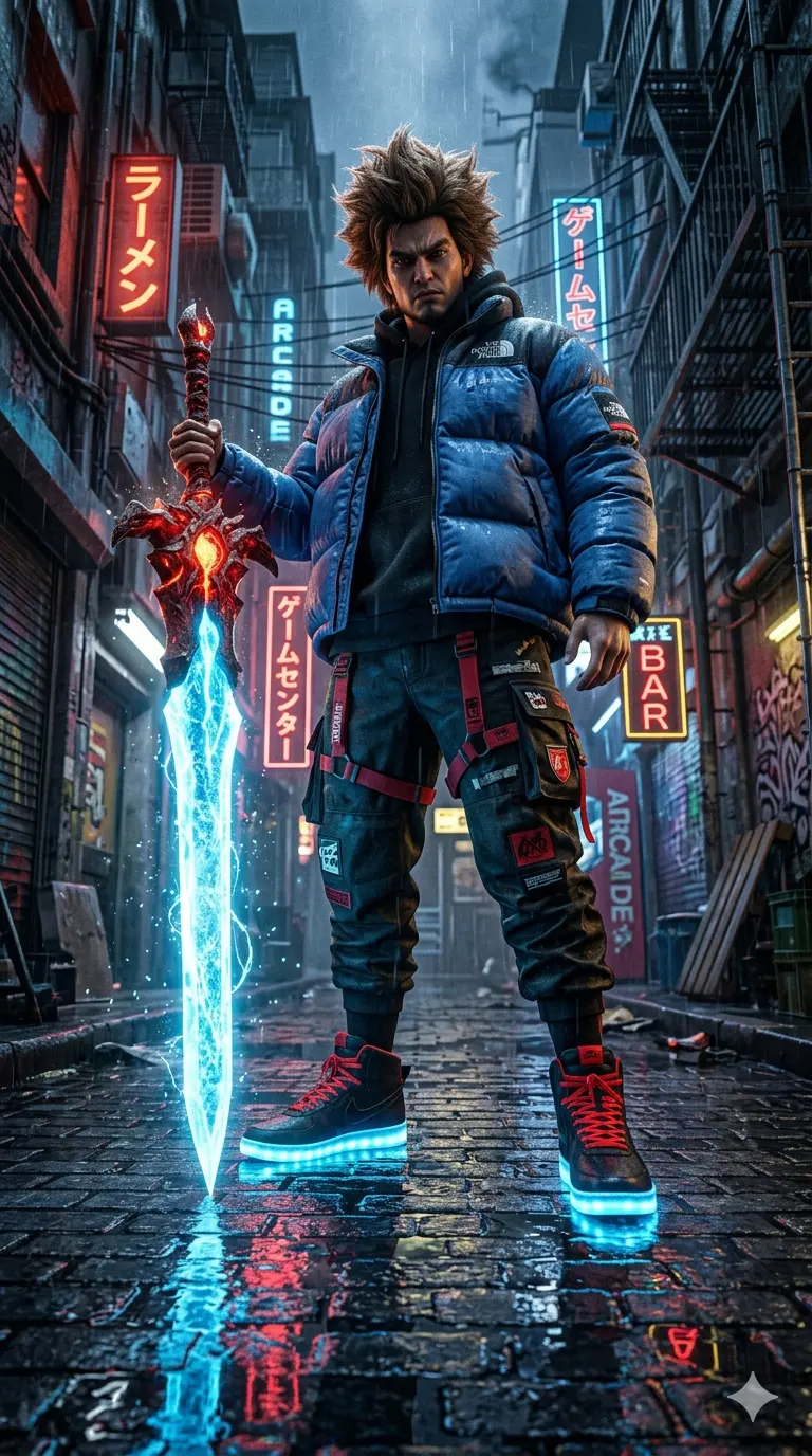 Neon Alley Warlord – Worm’s-Eye Cyberpunk Sword Portrait in Rain-Soaked City