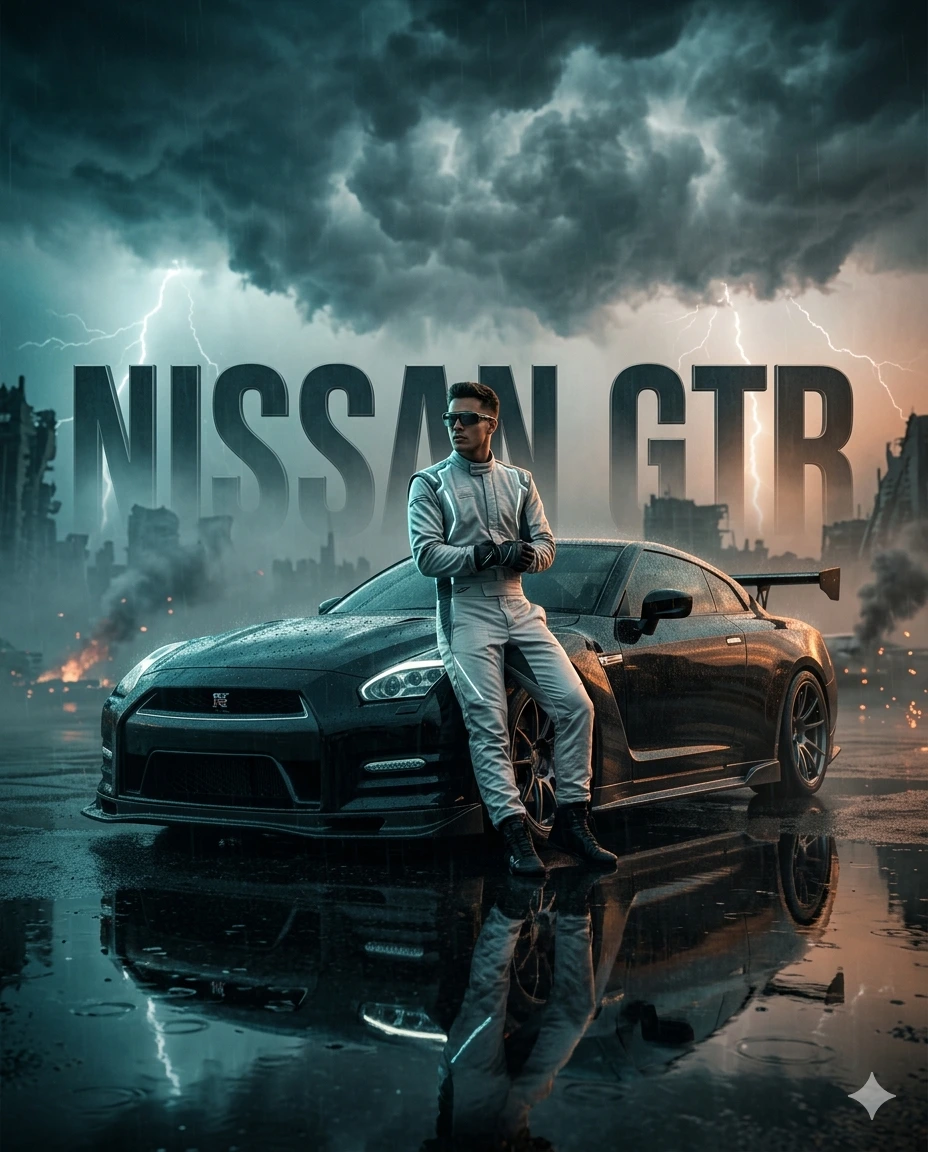 NISSAN GT-R Dystopian Racer – Cinematic Storm Motorsport Poster