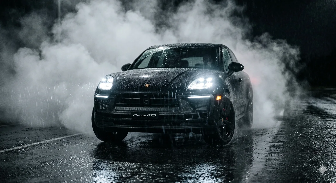 Midnight Storm Pursuit – Cinematic Black SUV Emerging Through Smoke on Wet Asphalt