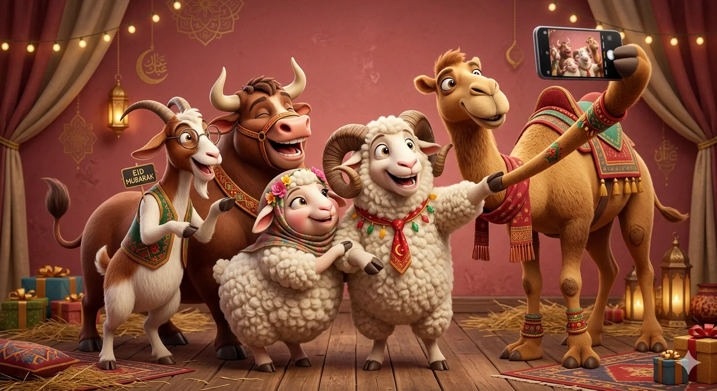 Eid Crew Selfie – Premium 3D Cartoon Animal Group Portrait on Red Studio Background