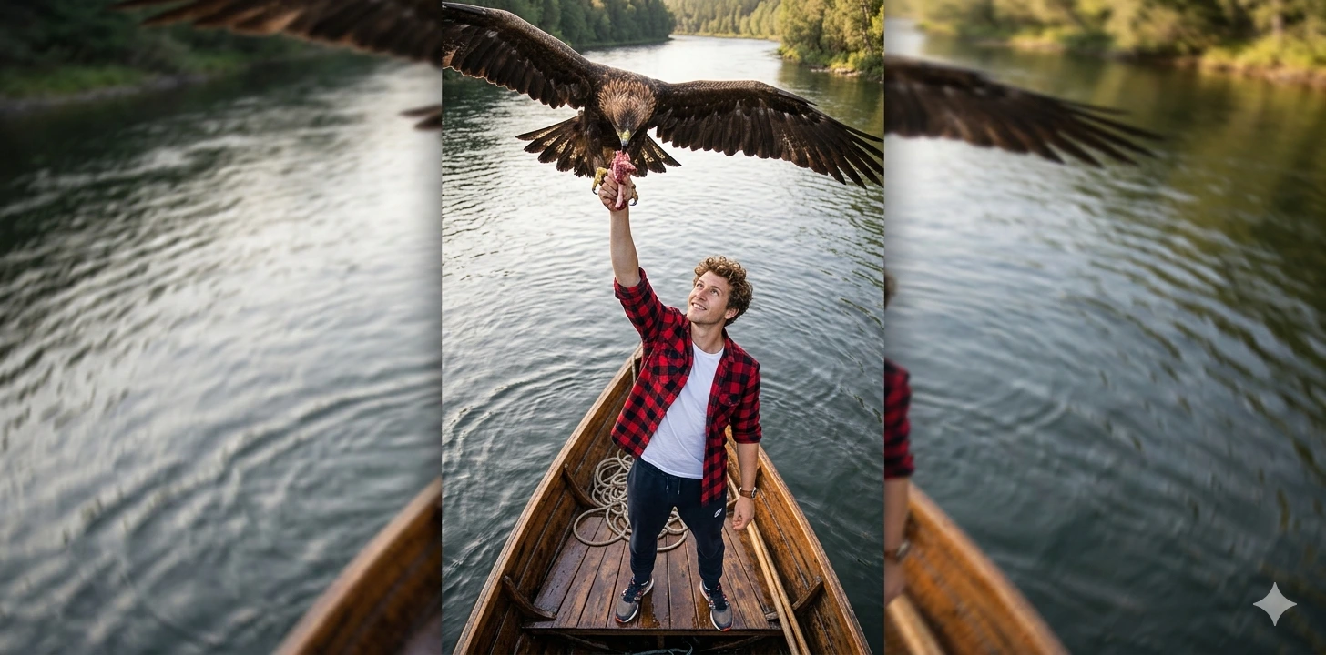 River Sentinel – Cinematic Bow-of-Boat Eagle Feeding Portrait