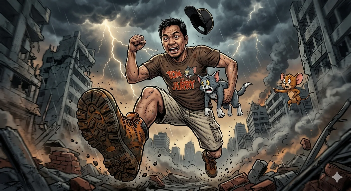 Apocalyptic Sprint – Cinematic Comic-Realism Action Portrait with Tom & Jerry Chase Scene