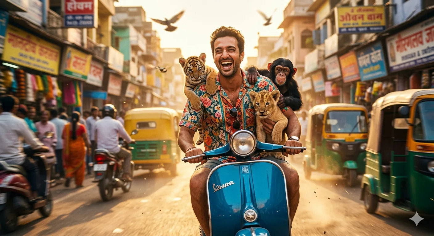 Golden Ride – Cinematic Vintage Scooter Journey with Playful Wildlife Companions