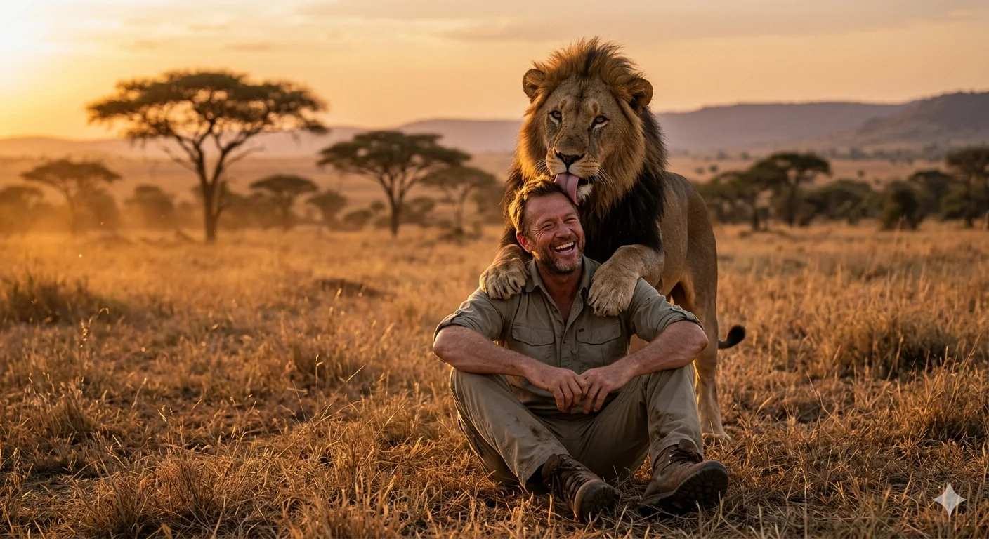 Savannah Bond – Golden Hour Safari Portrait with Lion Companion Interaction