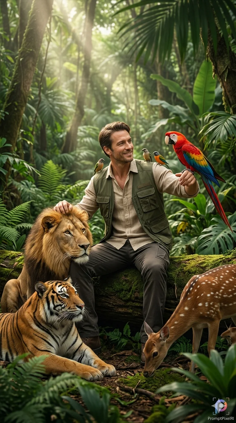 Jungle Harmony – Cinematic Wildlife Interaction Portrait with Sunlight Rays