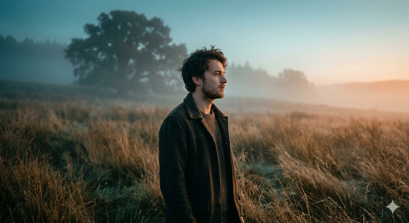 Dawn Solitude – Cinematic Teal & Orange Fog Field Portrait