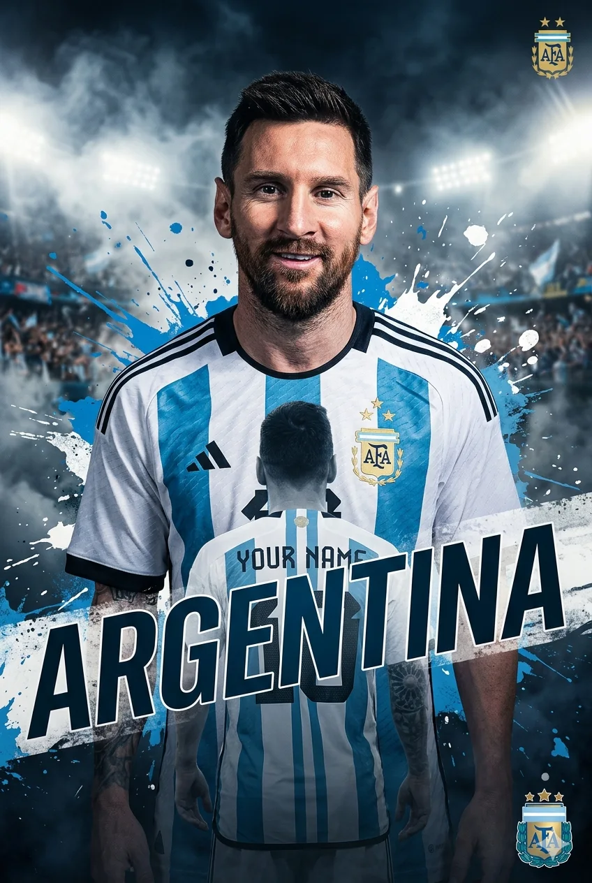 Argentina No.10 Cinematic Double Exposure Football Poster – Ultra Realistic Stadium Grunge Style