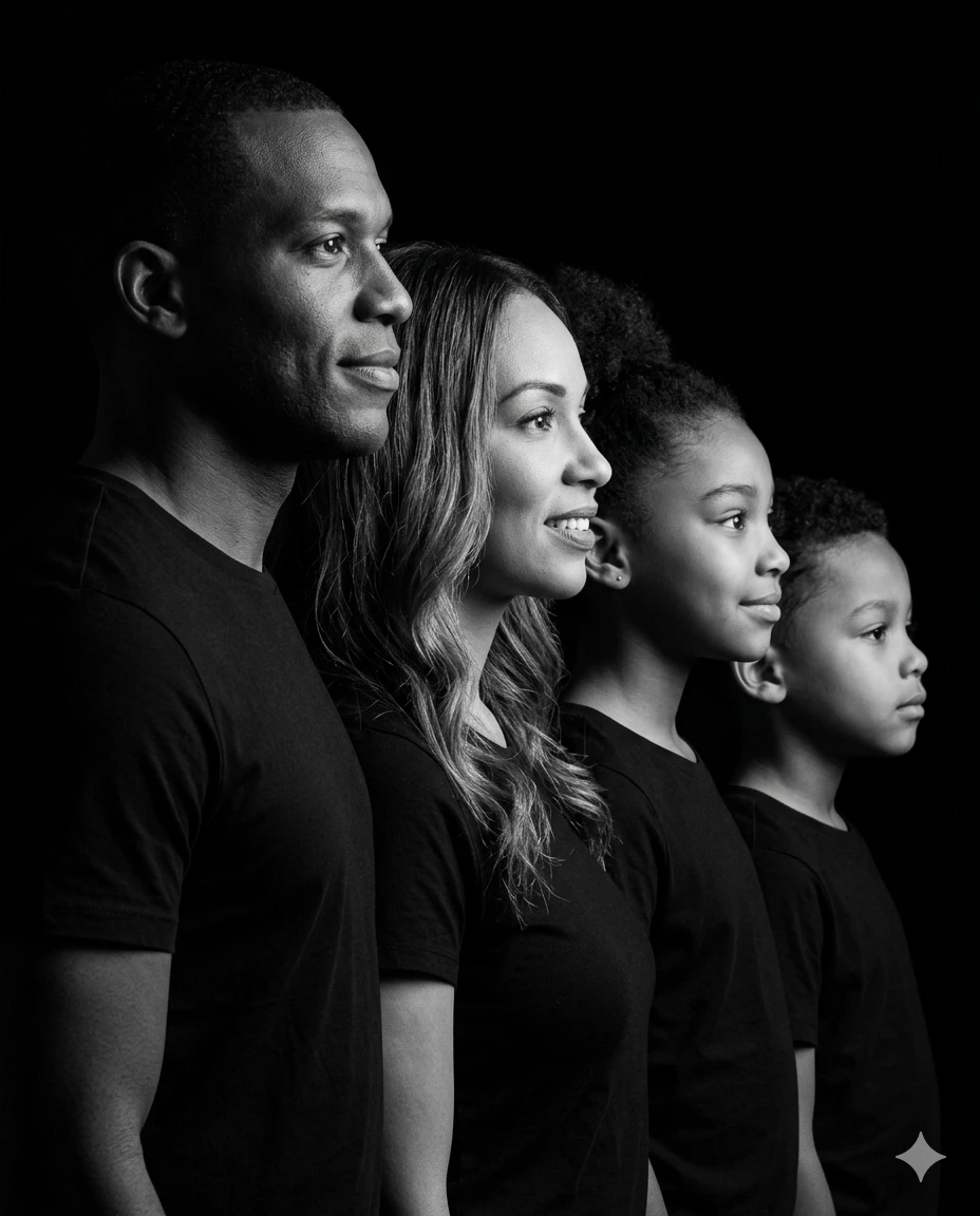 Timeless Legacy – Low-Key Black & White Family Side-Profile Portrait