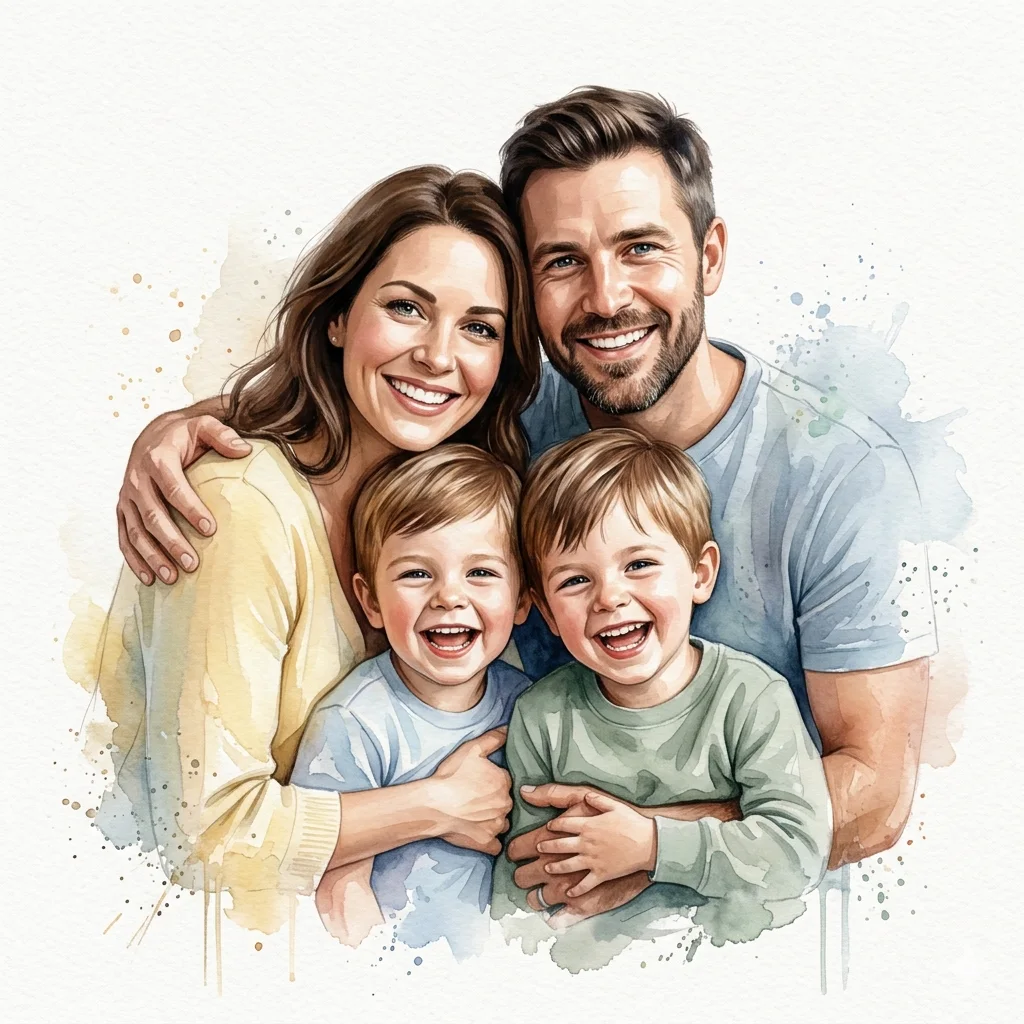 Watercolor Family Huddle Portrait – Mixed Media Fine Art Family Cluster