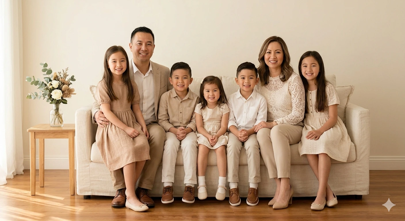 Studio Family Portrait – Warm Neutral Tones Family Sofa Session