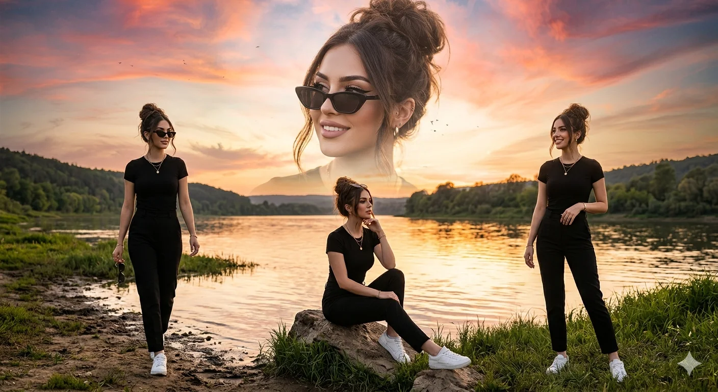 Golden Hour Riverside Multi-Exposure Fashion Portrait