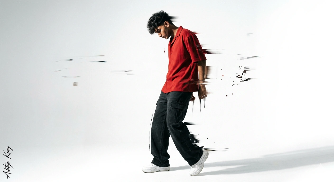 Aditya King — Red Streetwear Glitch Editorial Portrait