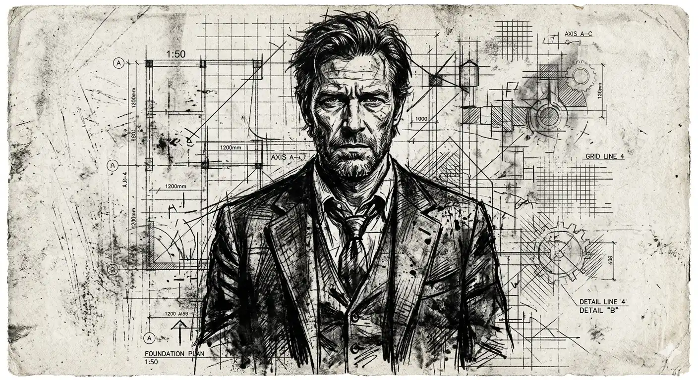 Blueprint of Chaos — Architectural Grunge Portrait