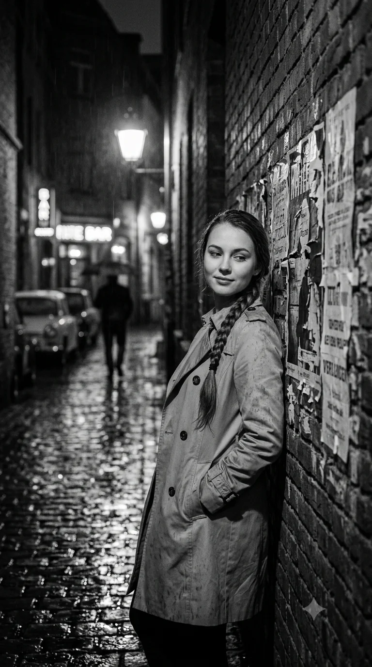 Noir Rain Queen: (Cinematic Street Portrait, Black & White, Moody Aesthetic)