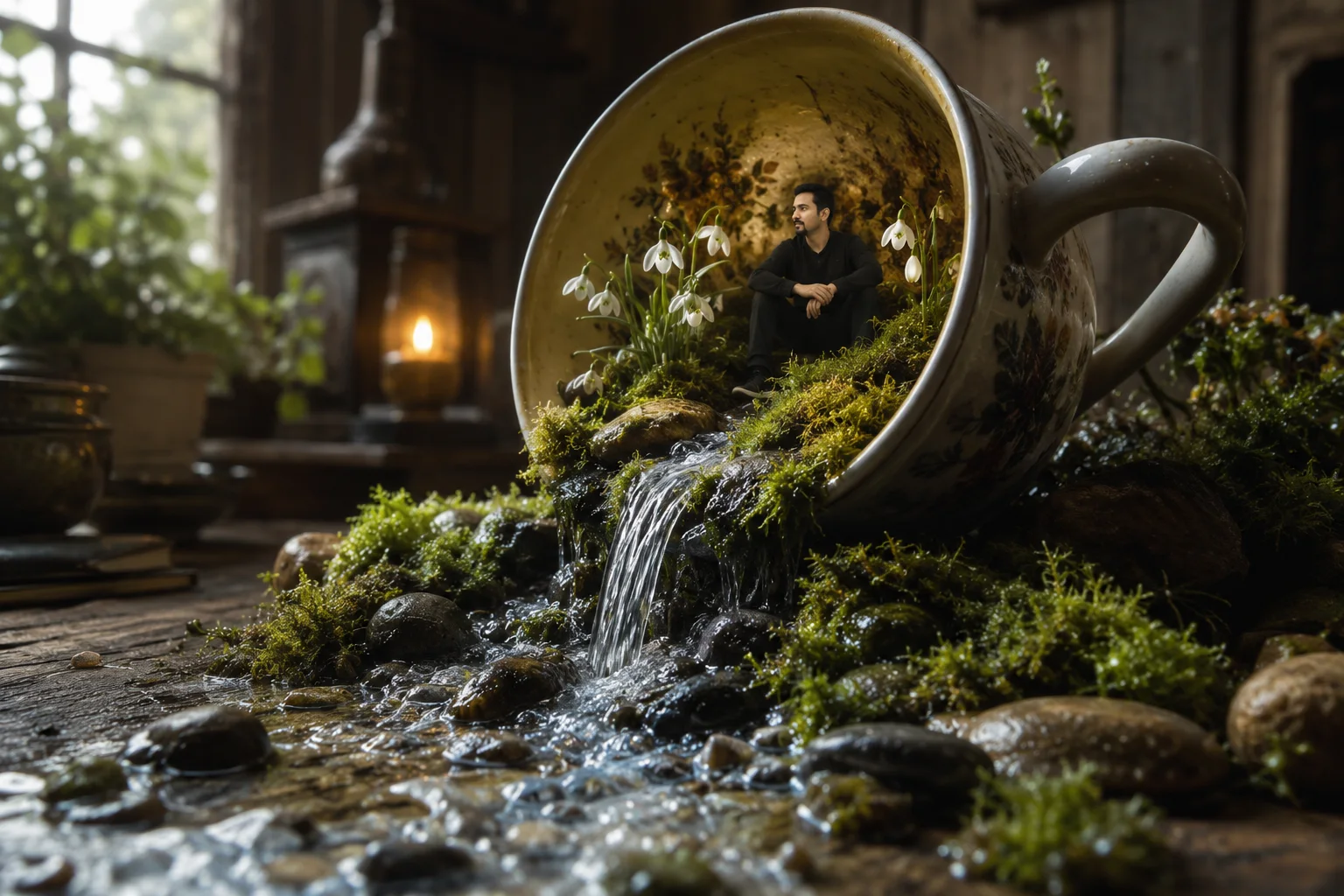 TEACUP WORLD: Miniature Ecosystem Waterfall Macro Fantasy Scen
