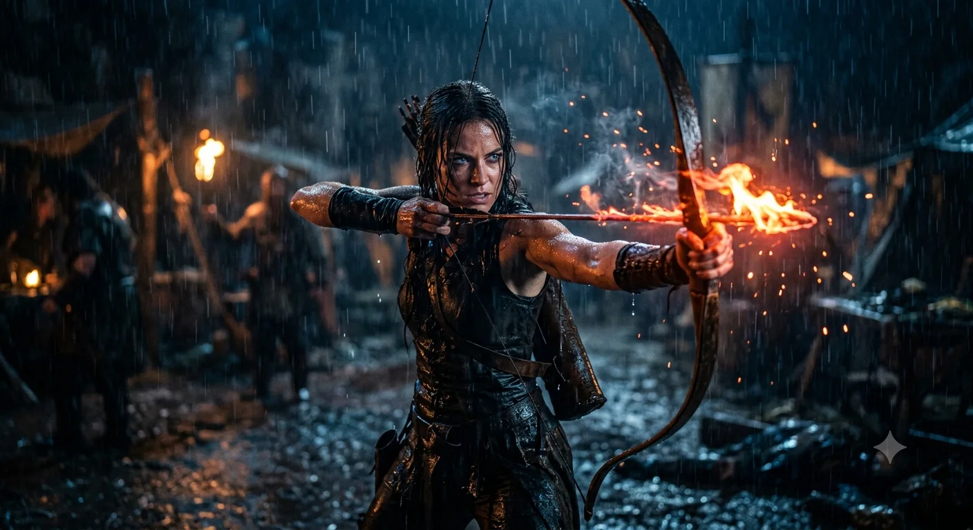 Fire Arrow of the Storm Huntress: Cinematic Rain-Soaked Dark Fantasy Archer