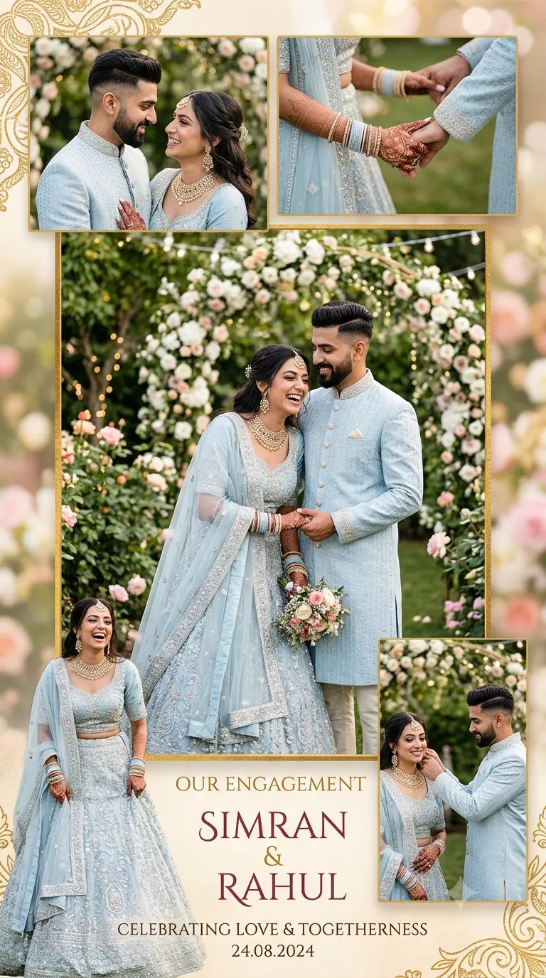 Ethereal Sky Blue Engagement: Romantic Indian Couple Cinematic Collage Poster