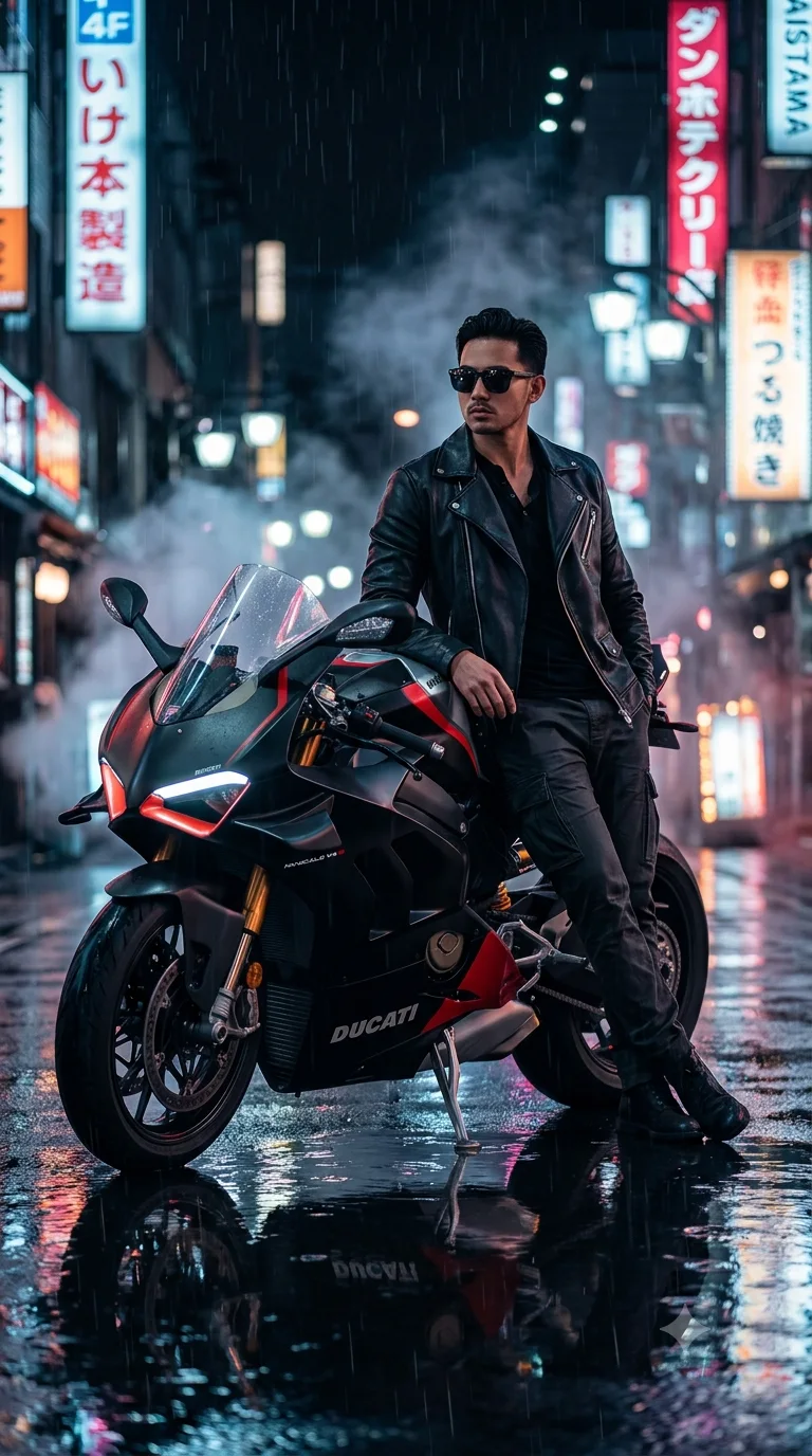 NEON RAIN RIDER: Midnight Luxury Sports Bike Cinematic Portrait
