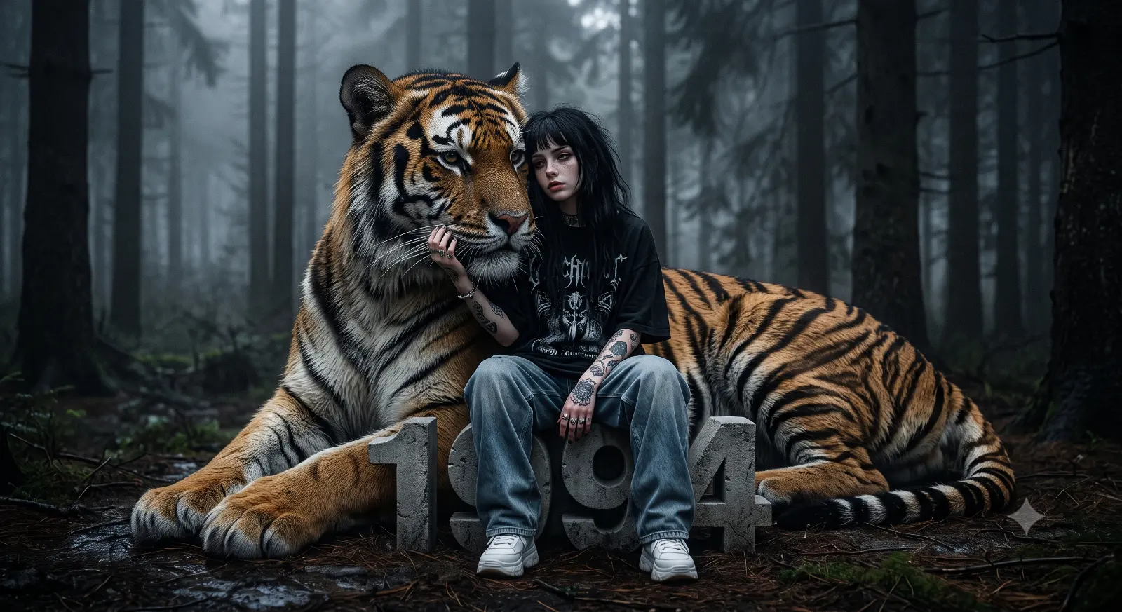 Girl, Tiger, Forest, Moody Realism