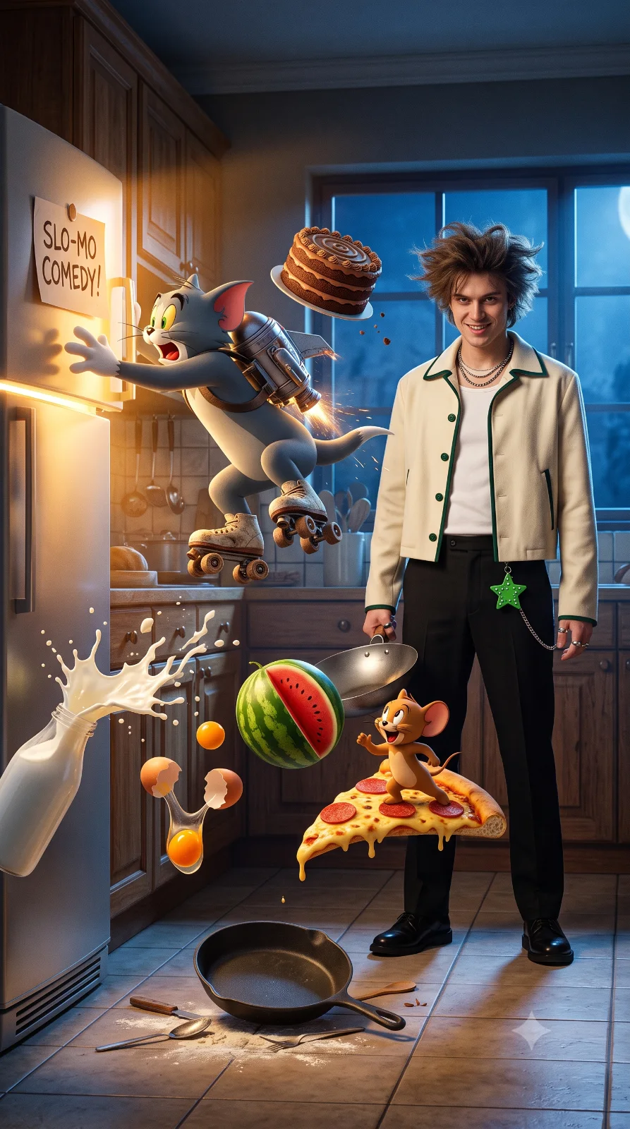 Chaotic Kitchen Collision: Animation Meets Reality